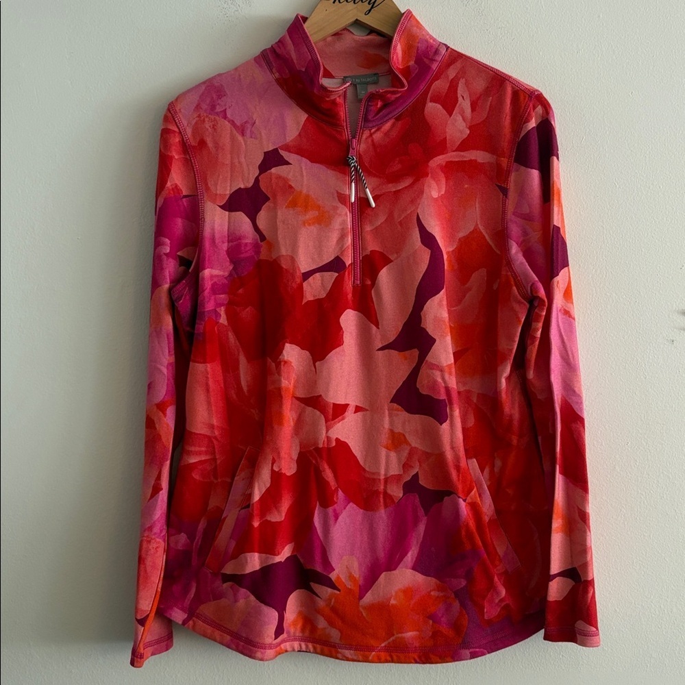 T by Talbots Long Sleeve Quarter Zip Pullover Top Watercolor Floral Medium